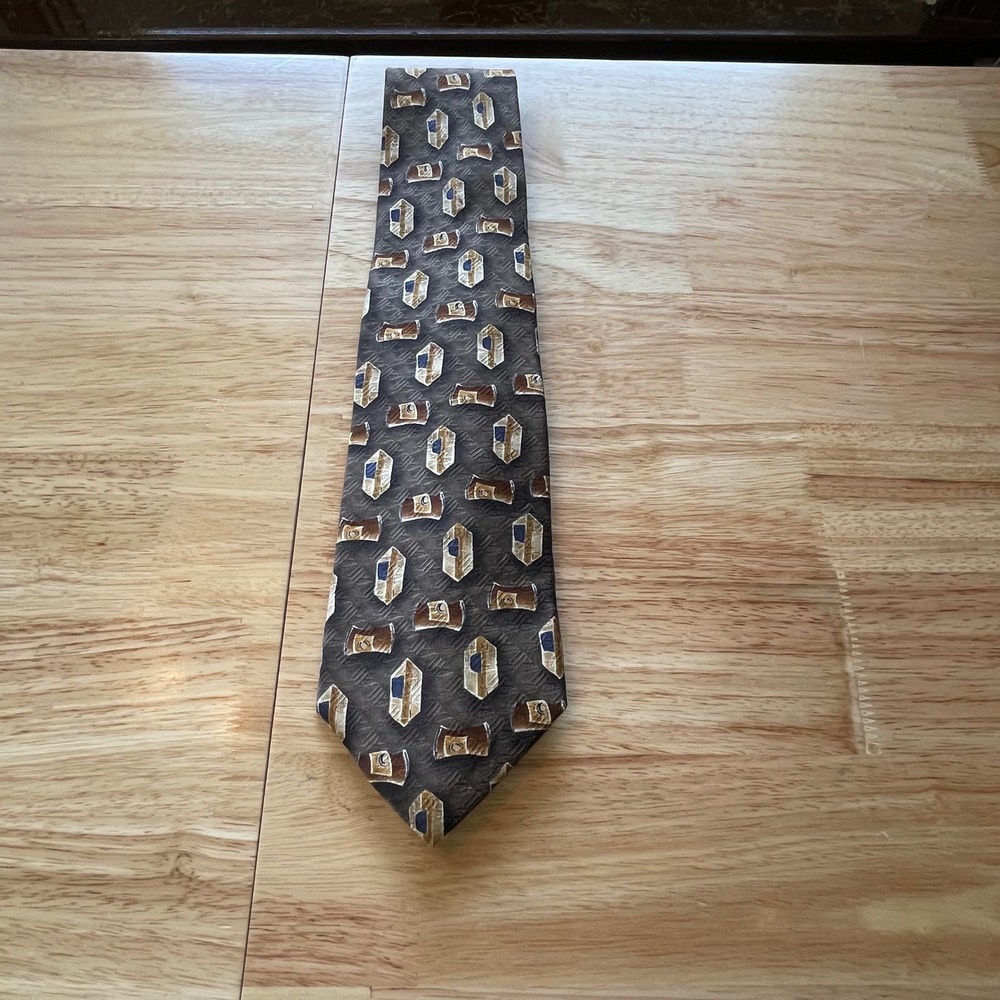 Robert Talbott Studio Extra Long Silk Tie Brown Geometric Abstract Pattern USA